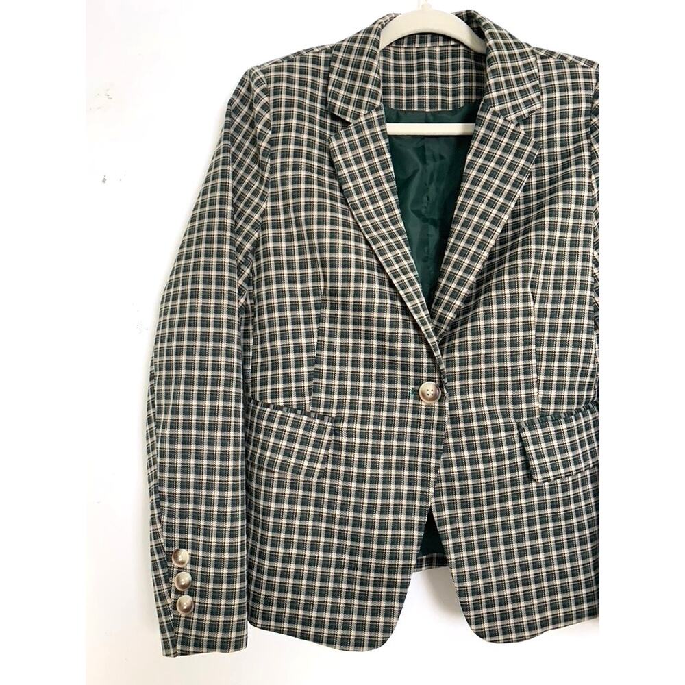 Womens Green Plaid Tailored Blazer Size Small Gingham Academia Feminine Workwear